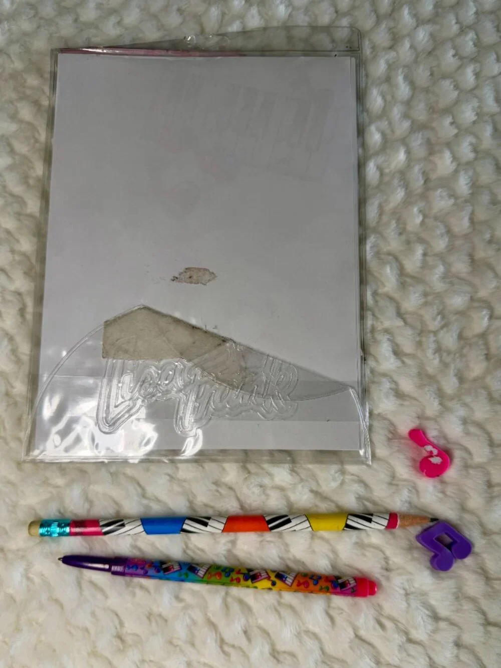 Vintage Lisa Frank Piano Music Notes Stationary Set -Pen still writes! Purple In
